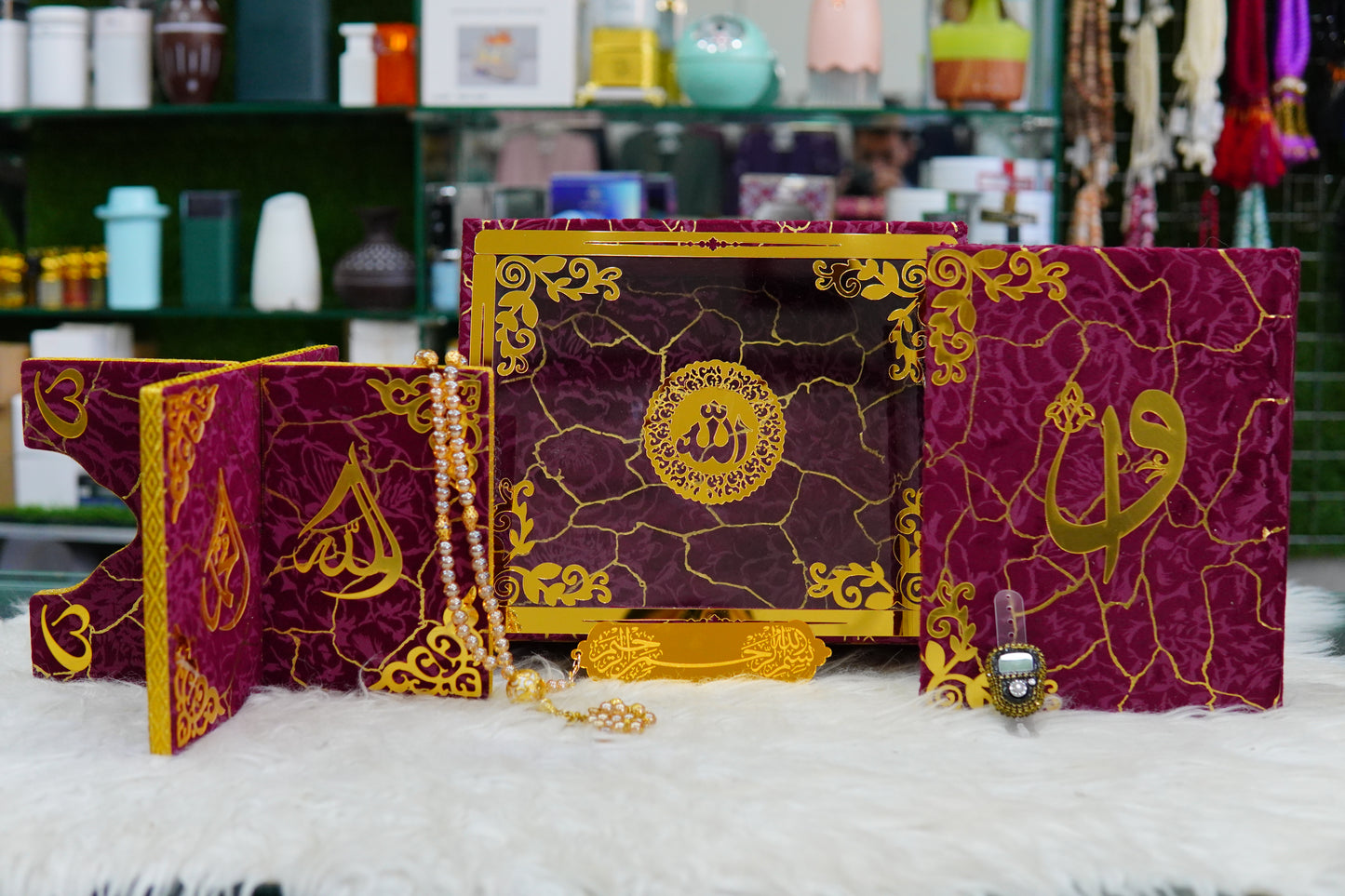 Mehroon Texture Acrylic Quran Pak Set with Jaynamaz