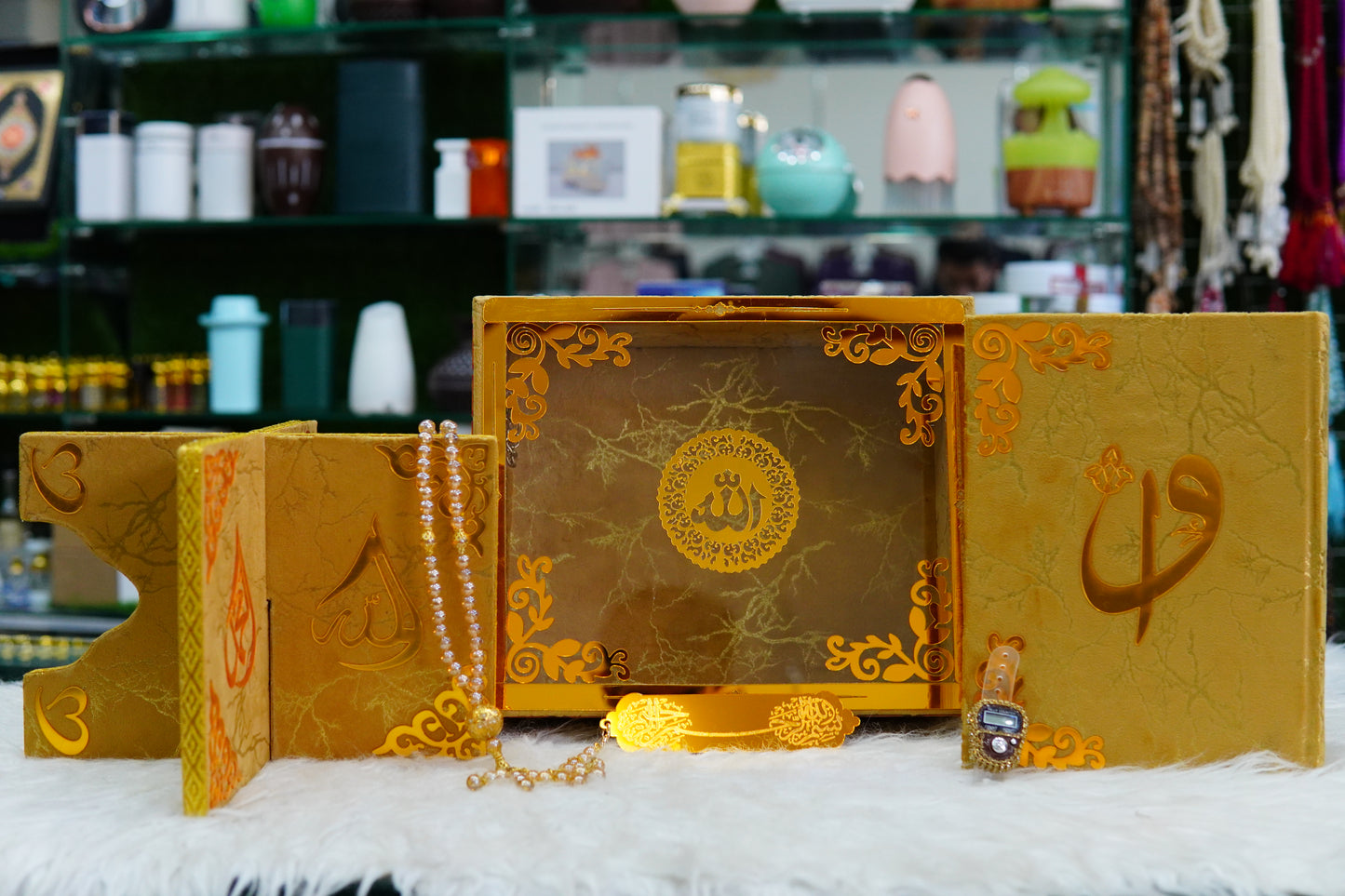Golden Texture Acrylic Quran Pak Set with Jaynamaz