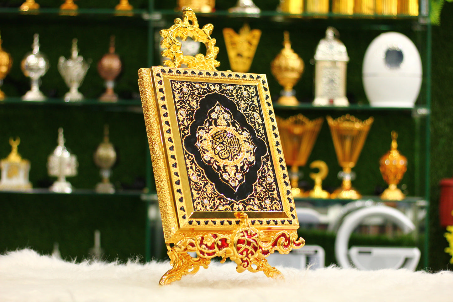 Golden Quran with Metal Calligraphy Box and Metal Stand - Luxury Edition