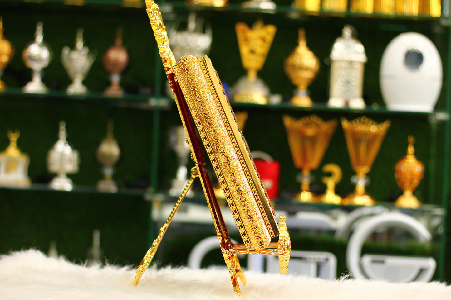 Golden Quran with Metal Calligraphy Box and Metal Stand - Luxury Edition