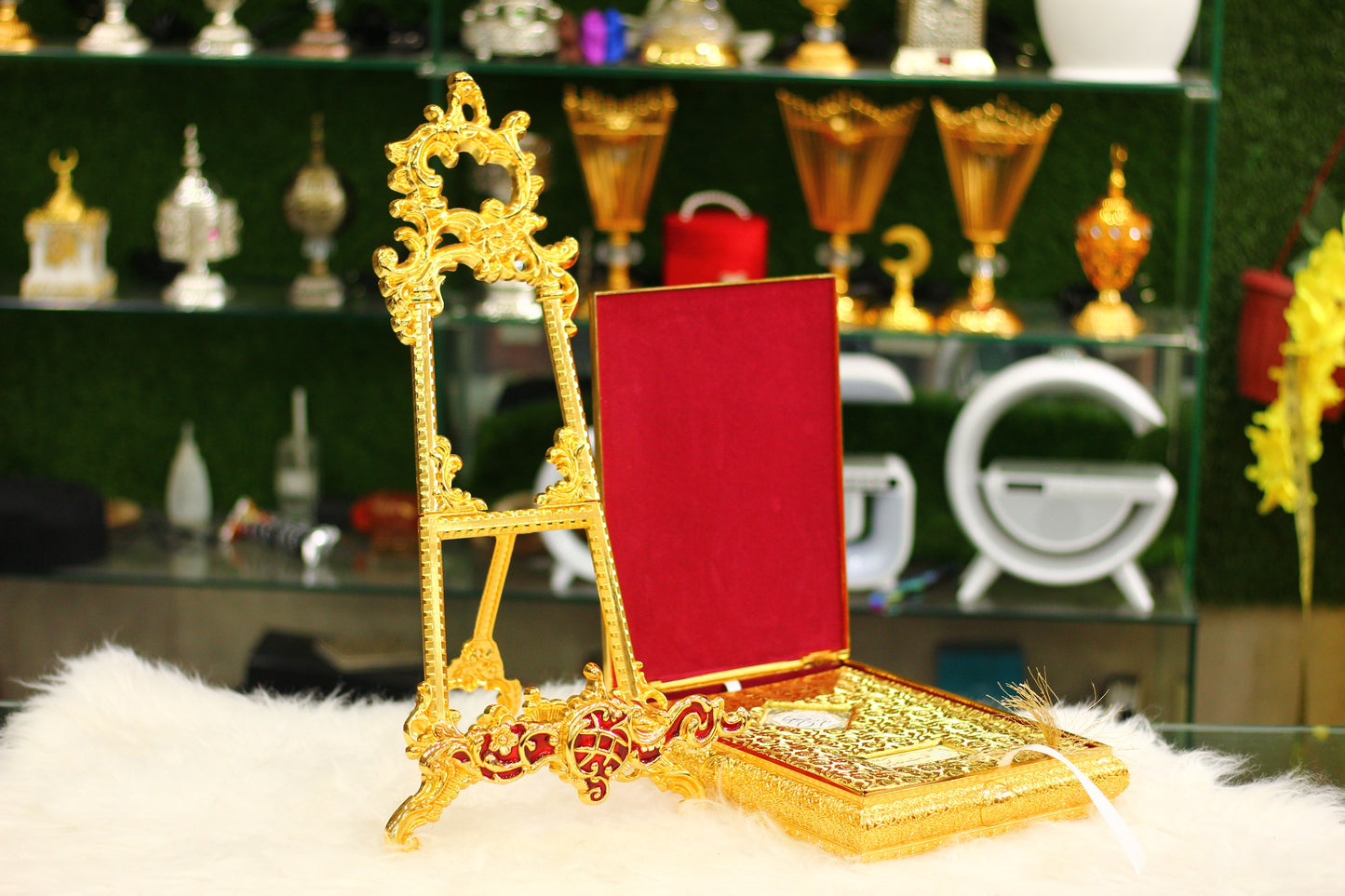 Golden Quran with Metal Calligraphy Box and Metal Stand - Luxury Edition