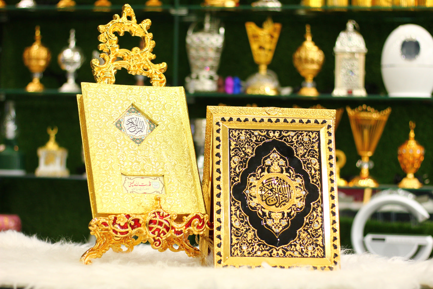 Golden Quran with Metal Calligraphy Box and Metal Stand - Luxury Edition