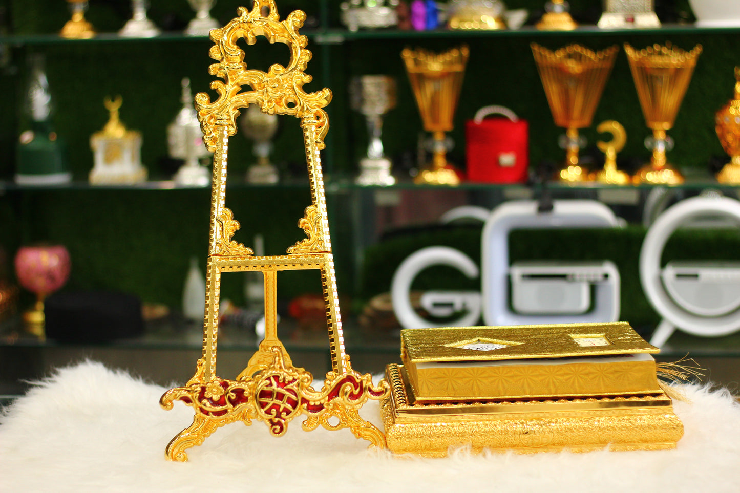 Golden Quran with Metal Calligraphy Box and Metal Stand - Luxury Edition