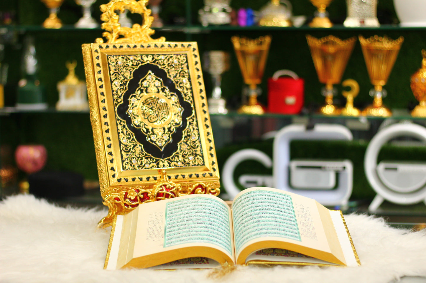 Golden Quran with Metal Calligraphy Box and Metal Stand - Luxury Edition
