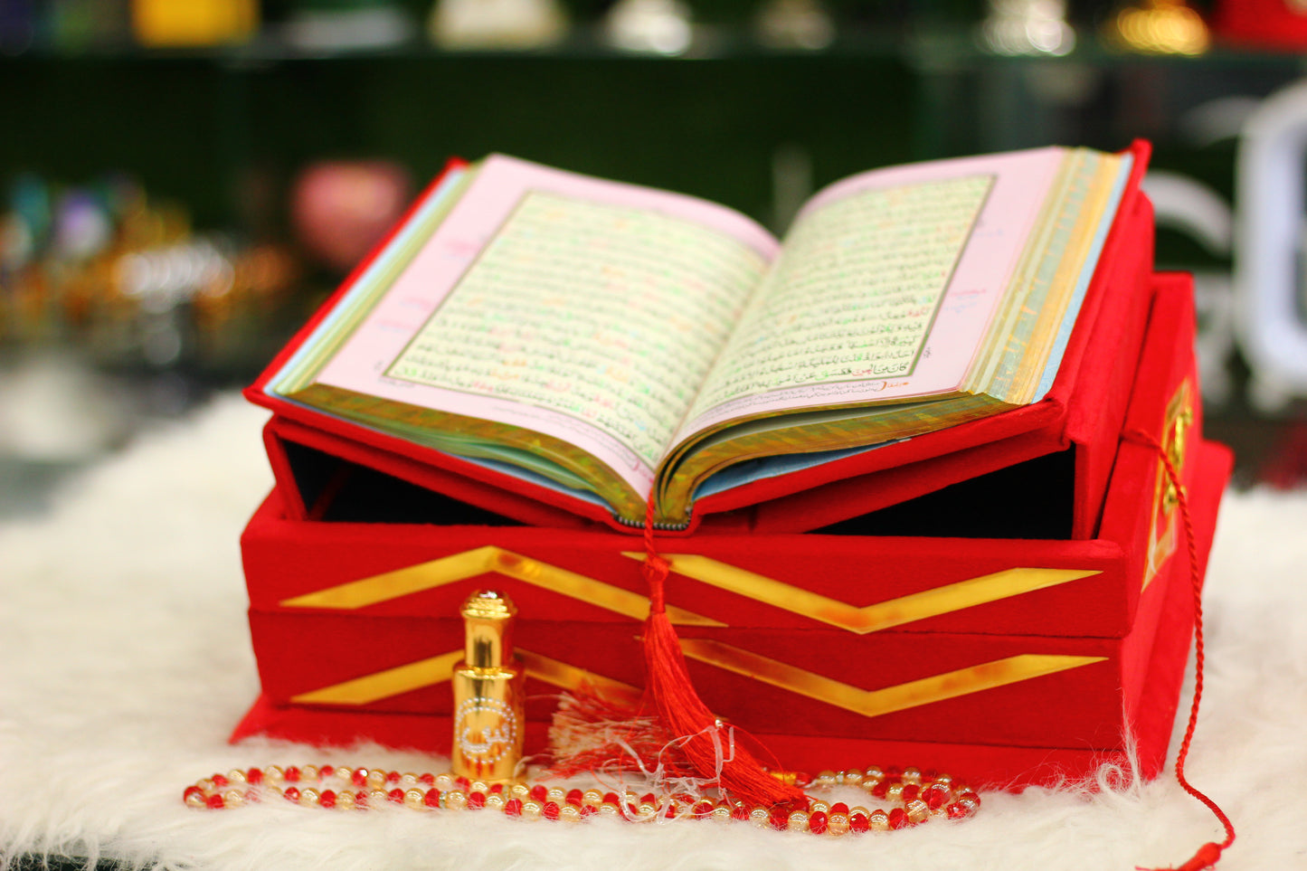 Red Quran with Tasbeeh, Attar, and Box - Luxury Edition