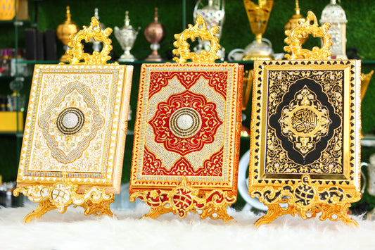 Golden Quran with Metal Calligraphy Box and Metal Stand - Luxury Edition