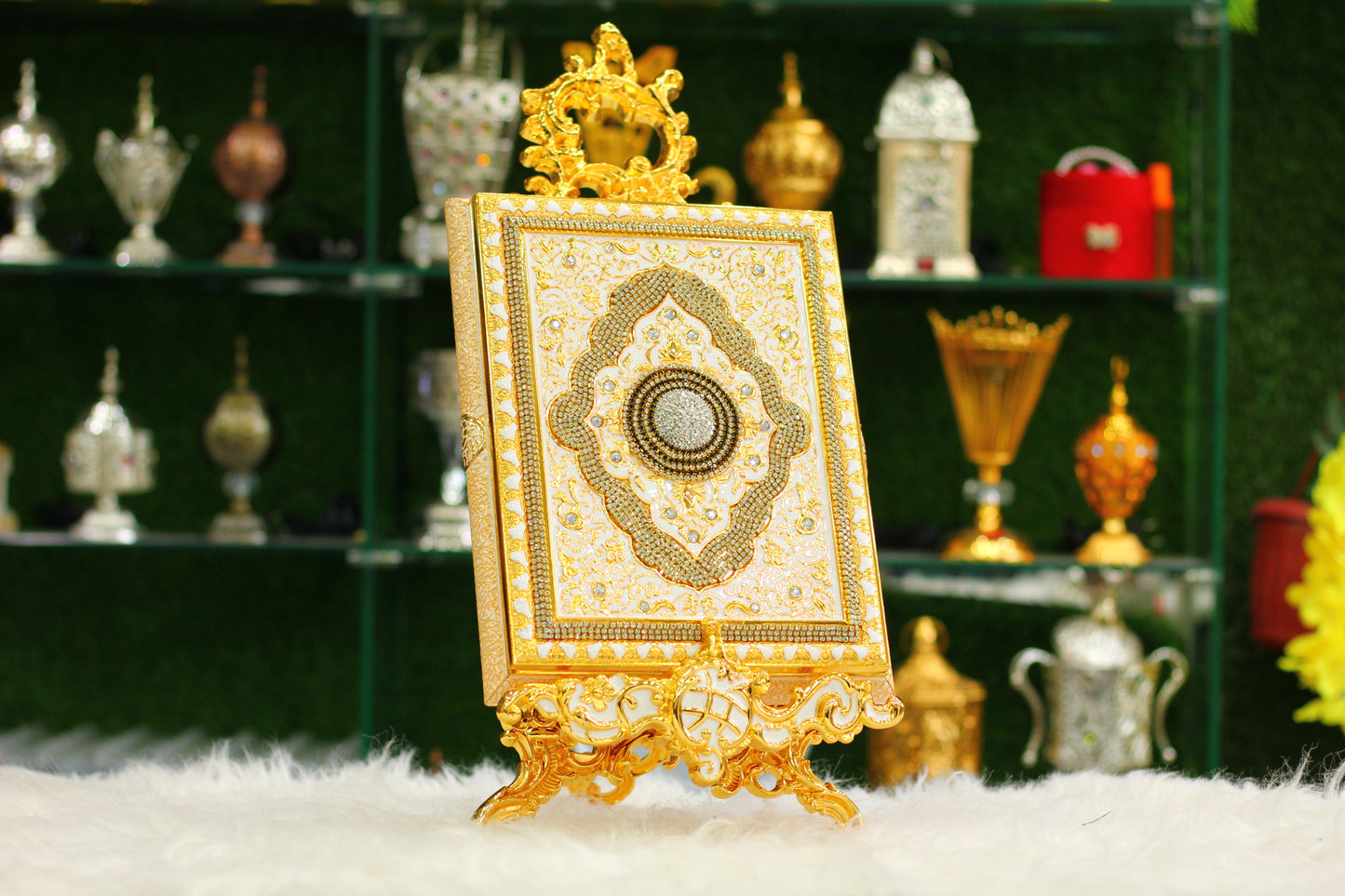Golden Quran with Metal Calligraphy Box and Metal Stand - Luxury Edition