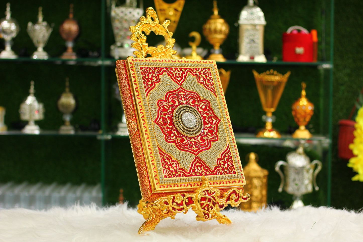 Golden Quran with Metal Calligraphy Box and Metal Stand - Luxury Edition