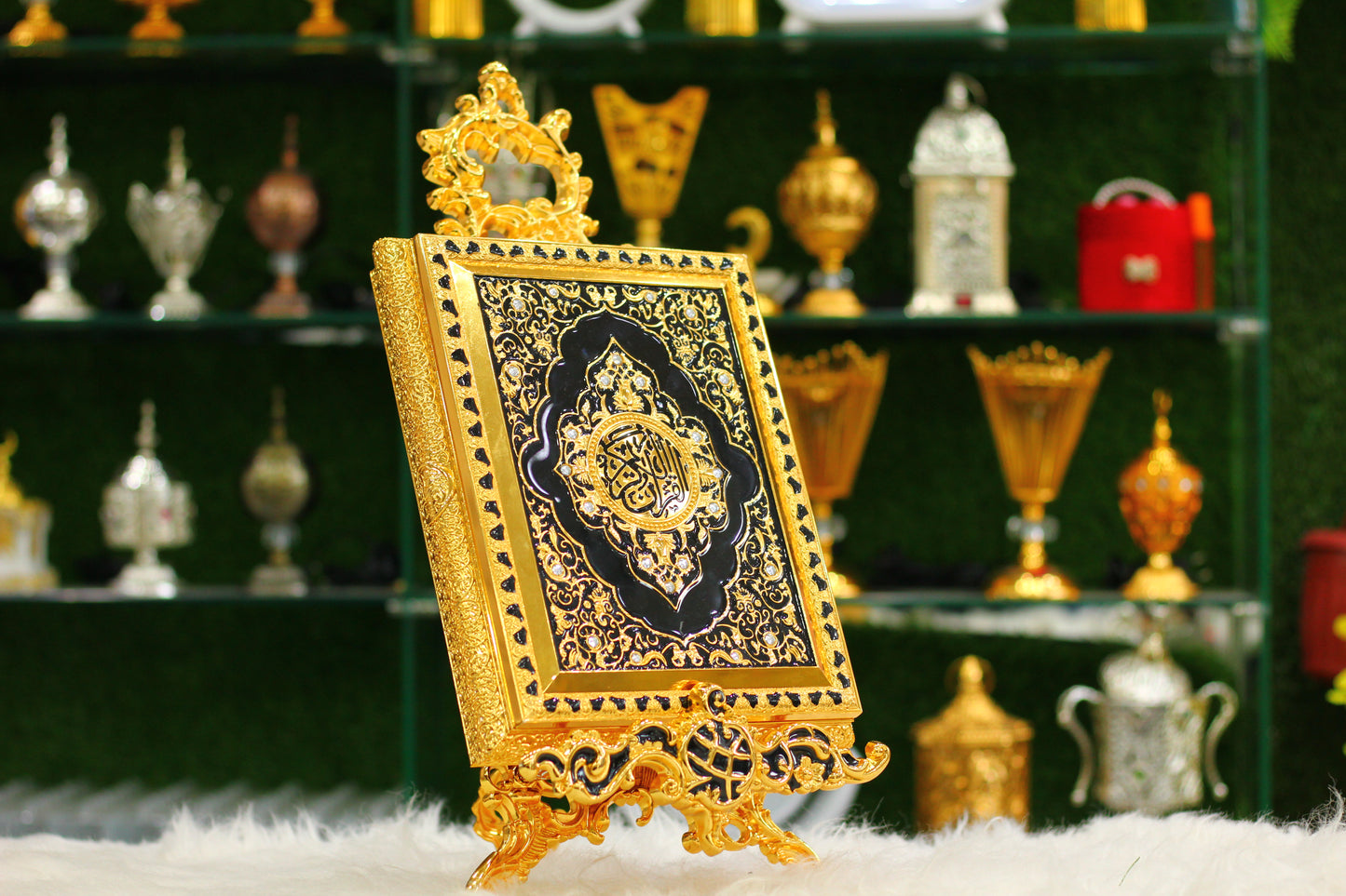 Golden Quran with Metal Calligraphy Box and Metal Stand - Luxury Edition