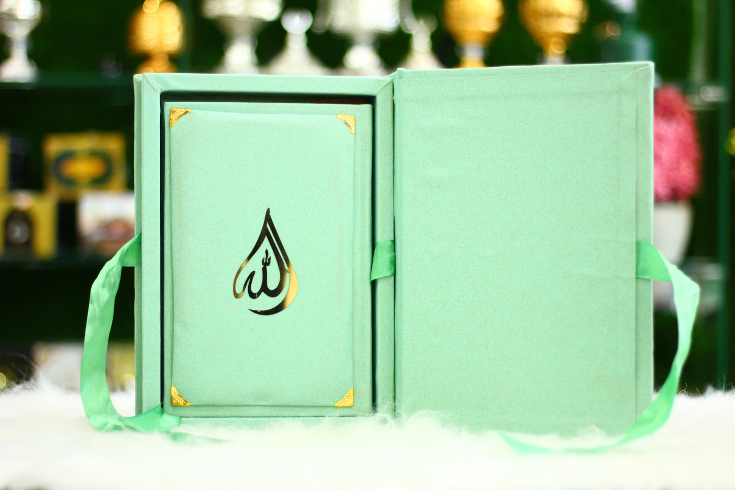 Sea Green Quran Pak with Ribbon Box and Fragrance Pages