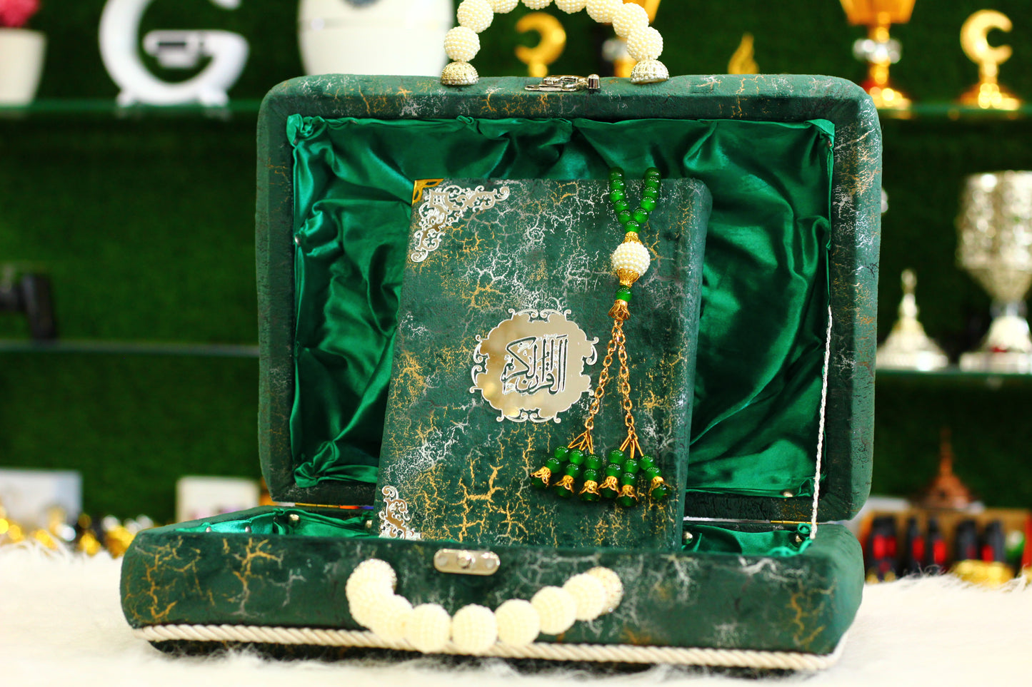 Dark Green Lightning Print Briefcase Box Quran - A Bold and Sophisticated Way to Carry Your Faith