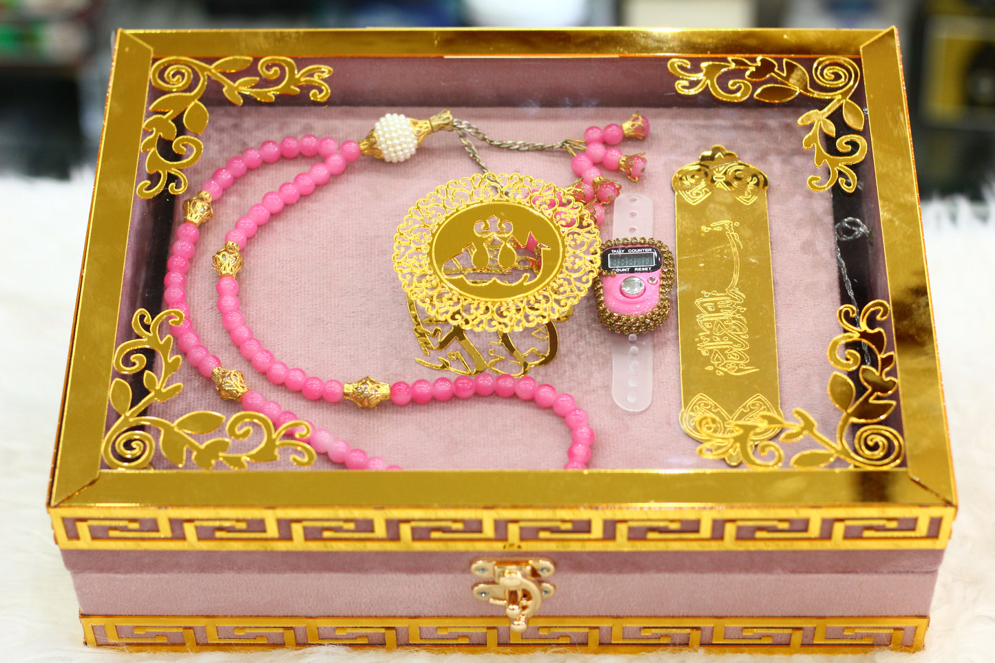 Pink Acrylic Box Quran Pak with Rehal, Tasbih, and Counter