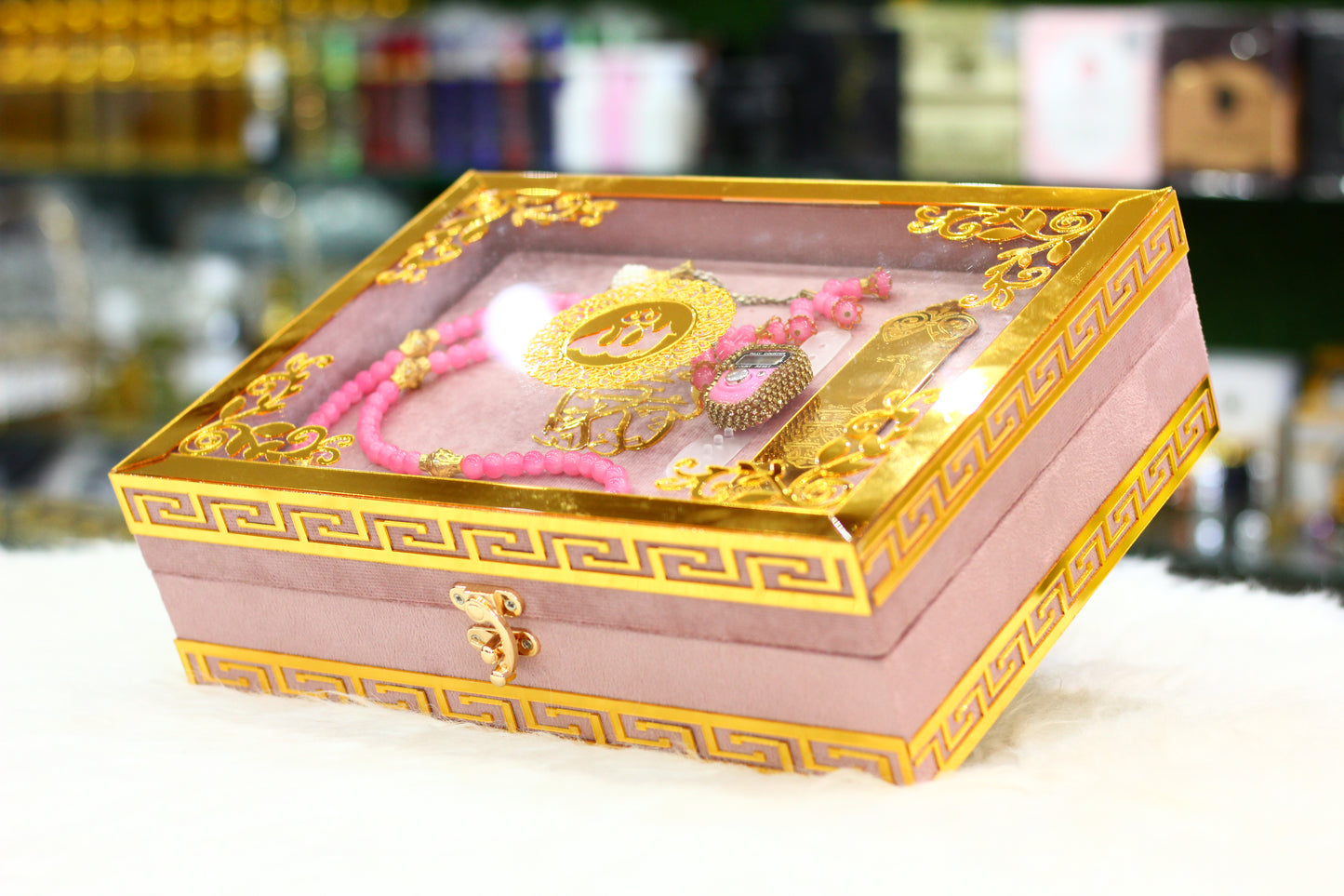 Pink Acrylic Box Quran Pak with Rehal, Tasbih, and Counter