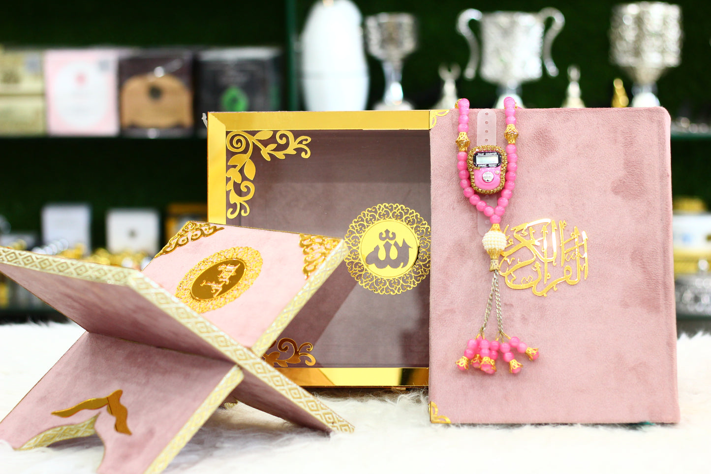 Pink Acrylic Box Quran Pak with Rehal, Tasbih, and Counter