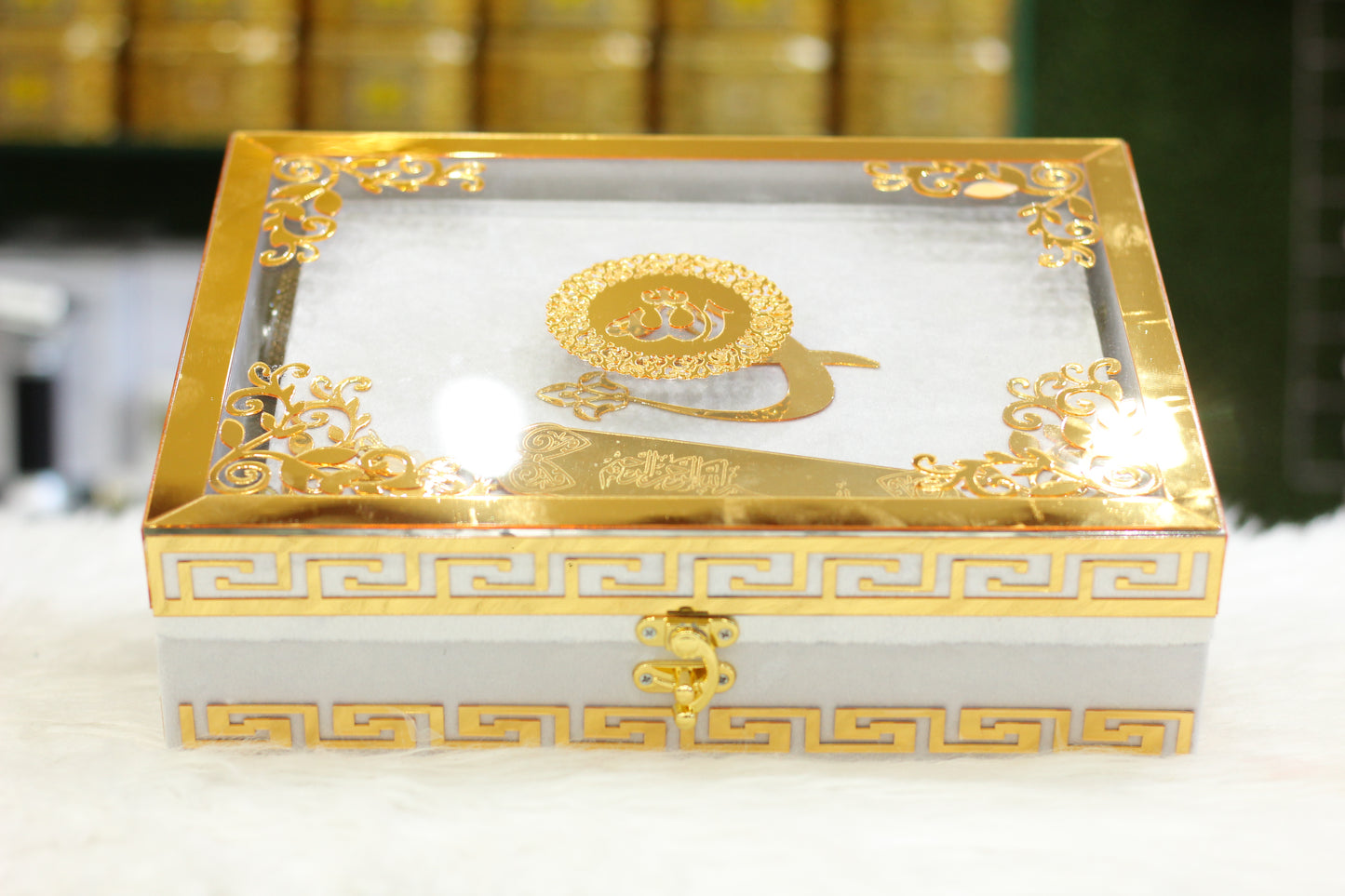 White Acrylic Box Quran Pak with Rehal, Tasbih, and Counter