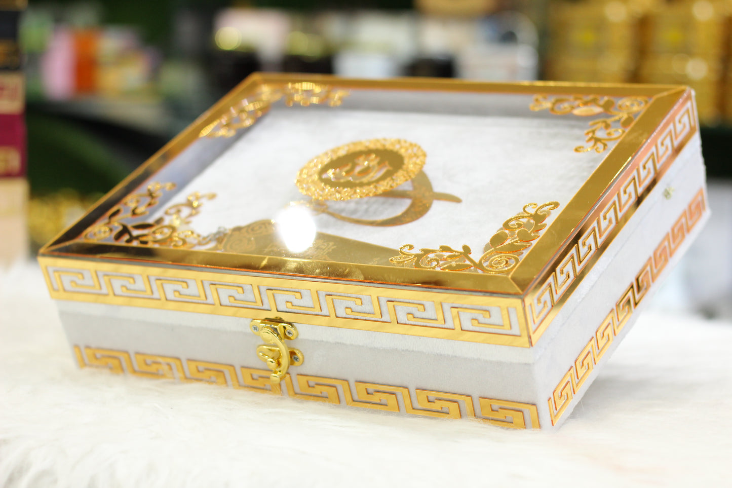 White Acrylic Box Quran Pak with Rehal, Tasbih, and Counter