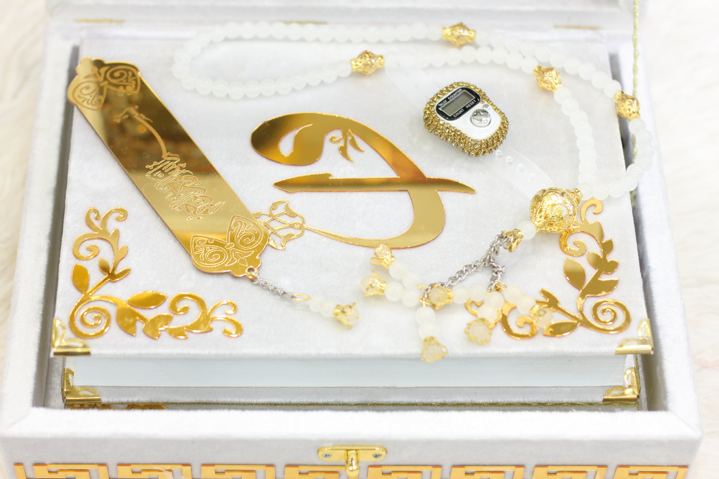 White Acrylic Box Quran Pak with Rehal, Tasbih, and Counter