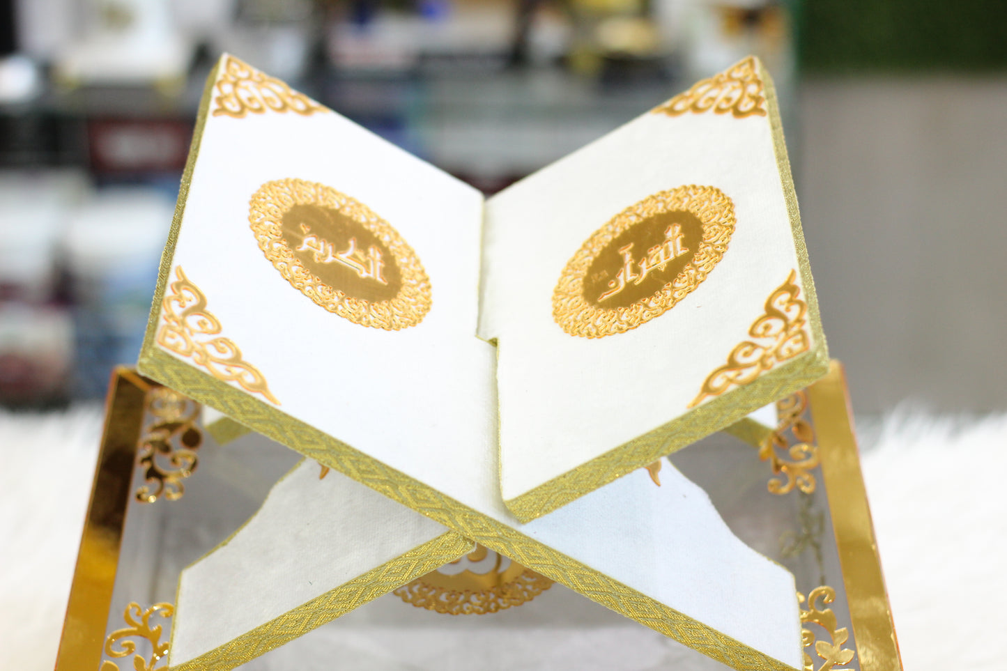 White Acrylic Box Quran Pak with Rehal, Tasbih, and Counter