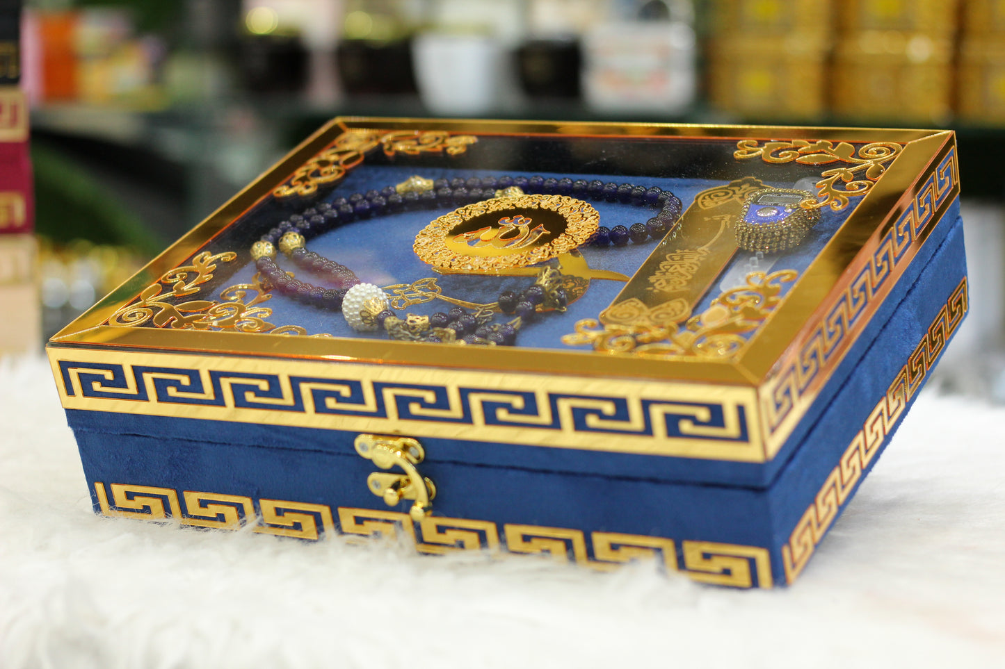 Blue Acrylic Box Quran Pak with Rehal, Tasbih, and Counter