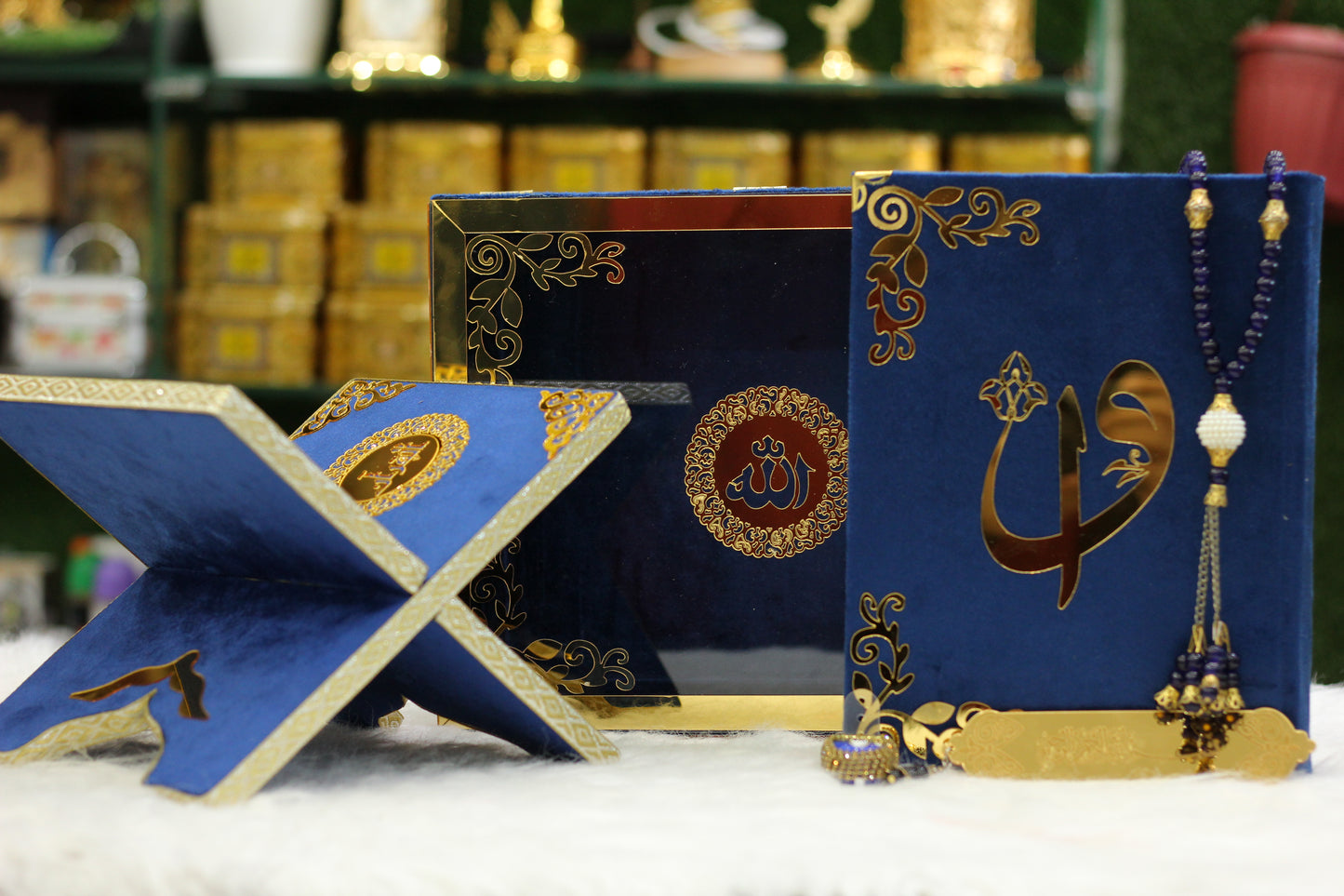 Blue Acrylic Box Quran Pak with Rehal, Tasbih, and Counter