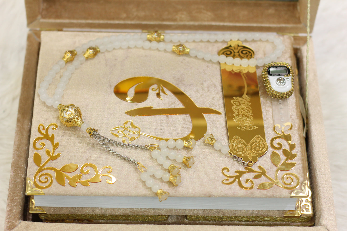 Skin Golden Acrylic Box Quran Pak with Rehal, Tasbih, and Counter