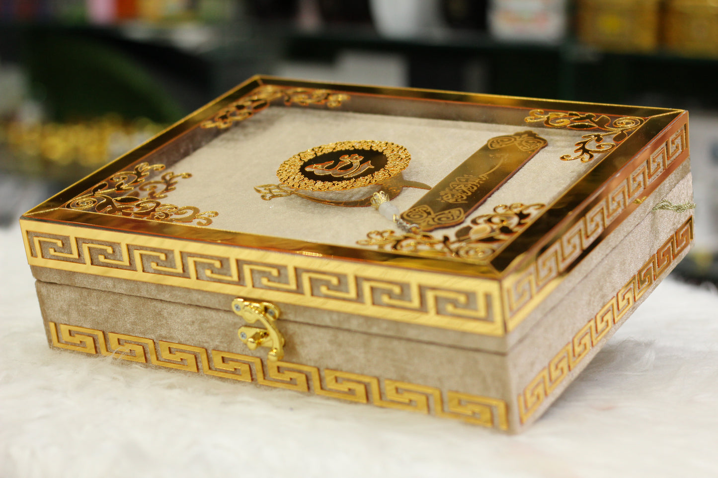 Skin Golden Acrylic Box Quran Pak with Rehal, Tasbih, and Counter