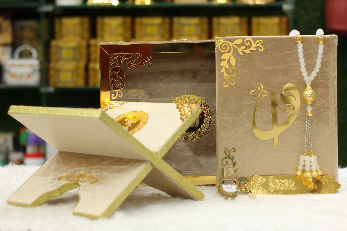Skin Golden Acrylic Box Quran Pak with Rehal, Tasbih, and Counter