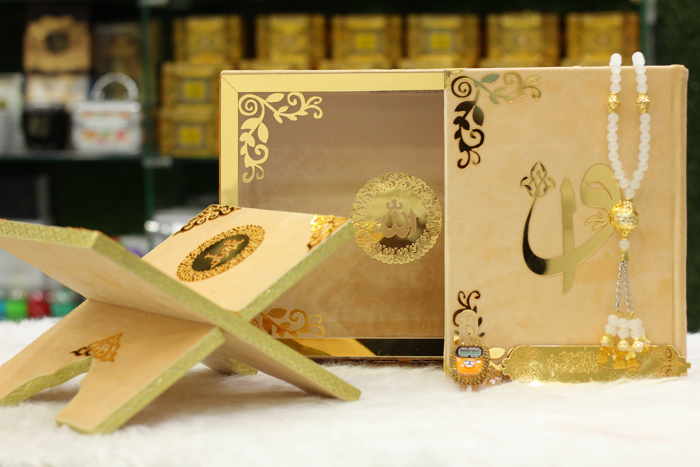 Peach Acrylic Box Quran Pak with Rehal, Tasbih, and Counter