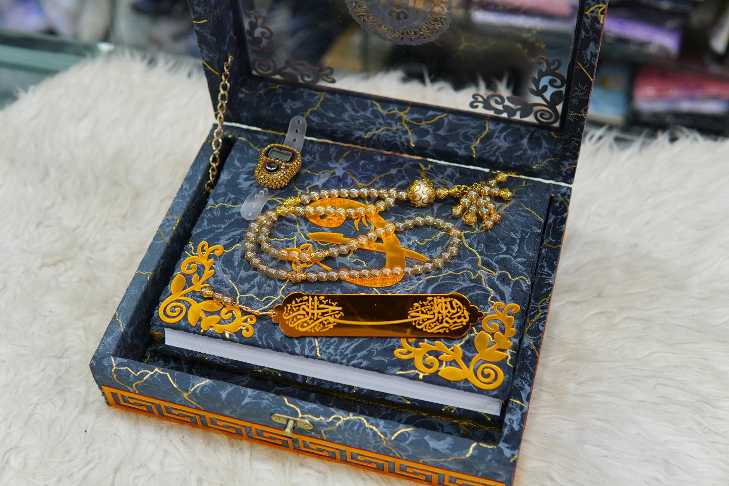Grey Texture Acrylic Quran Pak Set with Jaynamaz