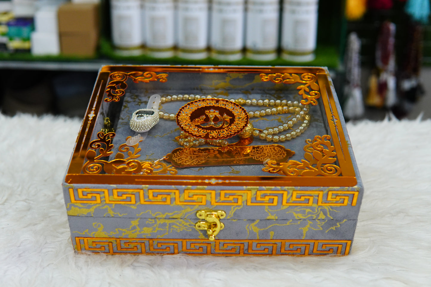 Grey Texture Acrylic Golden Lines Quran Pak Set with Jaynamaz