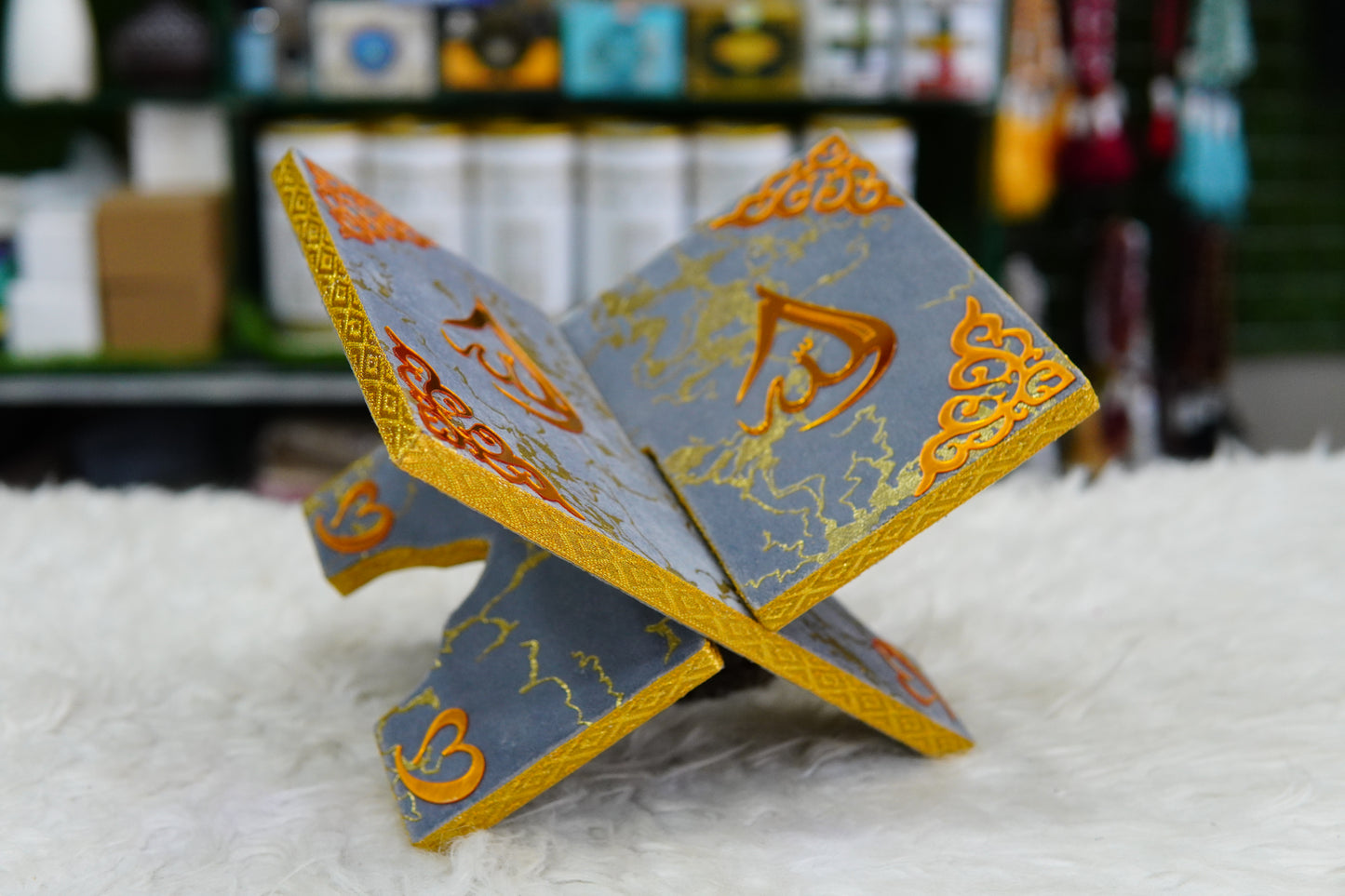 Grey Texture Acrylic Golden Lines Quran Pak Set with Jaynamaz