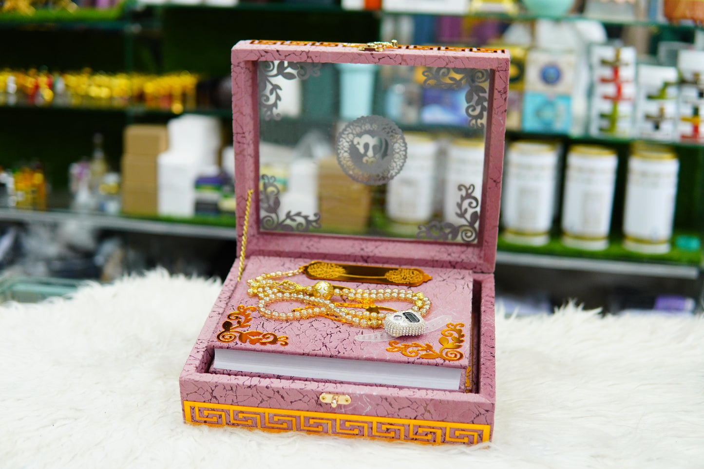 Pink texture Acrylic Quran Pak Set with Jaynamaz