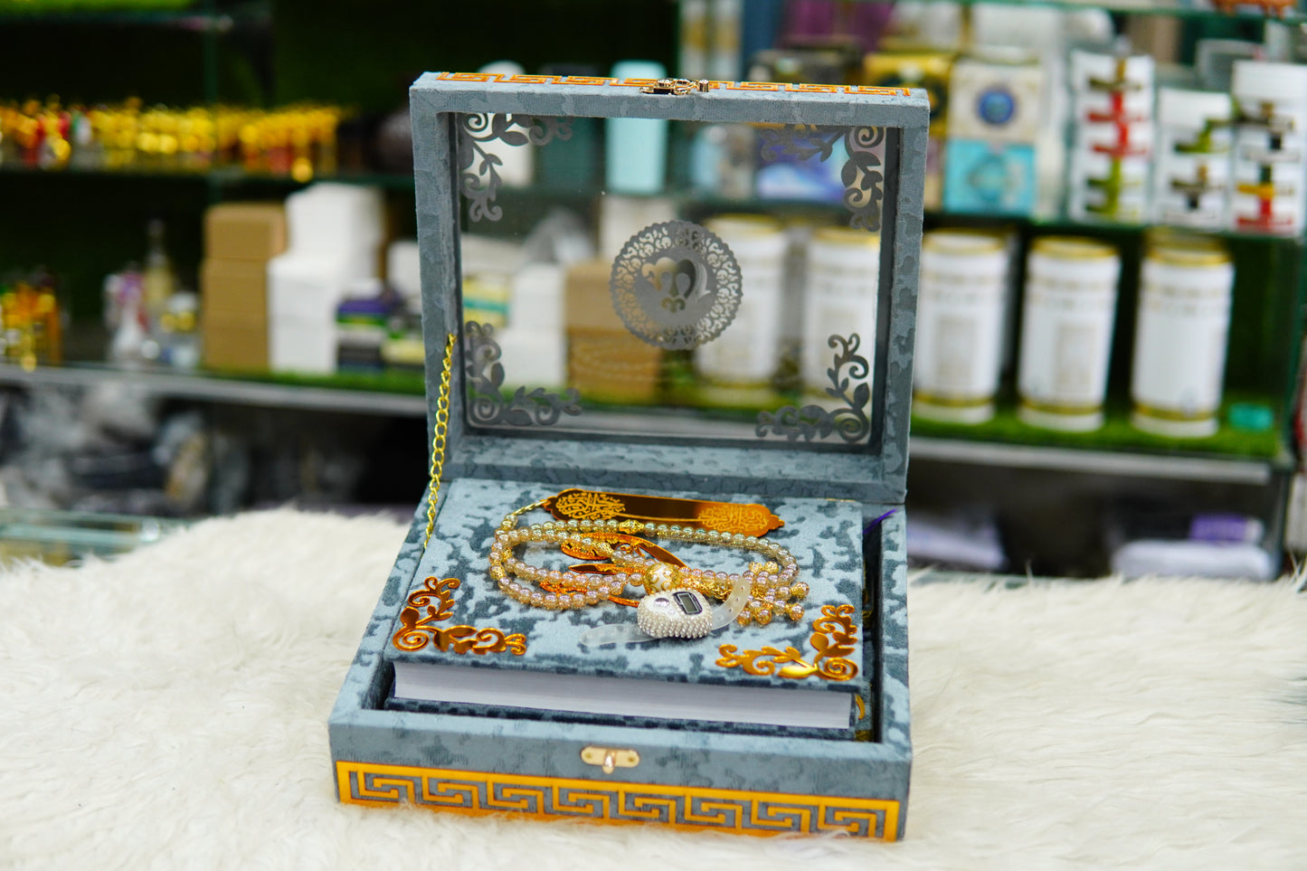 Grey Acrylic Quran Pak Set with Jaynamaz