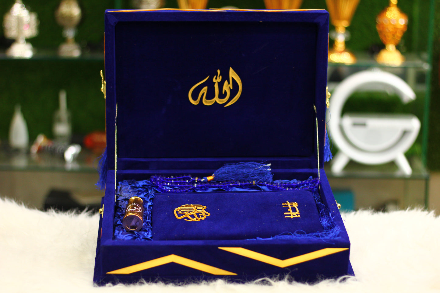 Blue Quran with Tasbeeh, Attar, and Box - Deluxe Edition