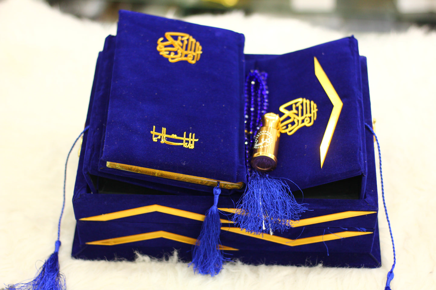 Blue Quran with Tasbeeh, Attar, and Box - Deluxe Edition