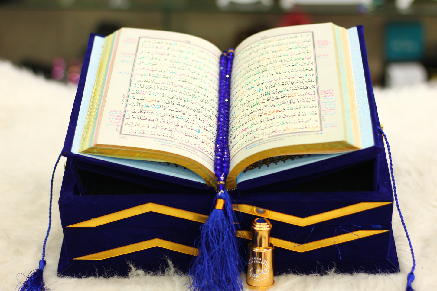 Blue Quran with Tasbeeh, Attar, and Box - Deluxe Edition