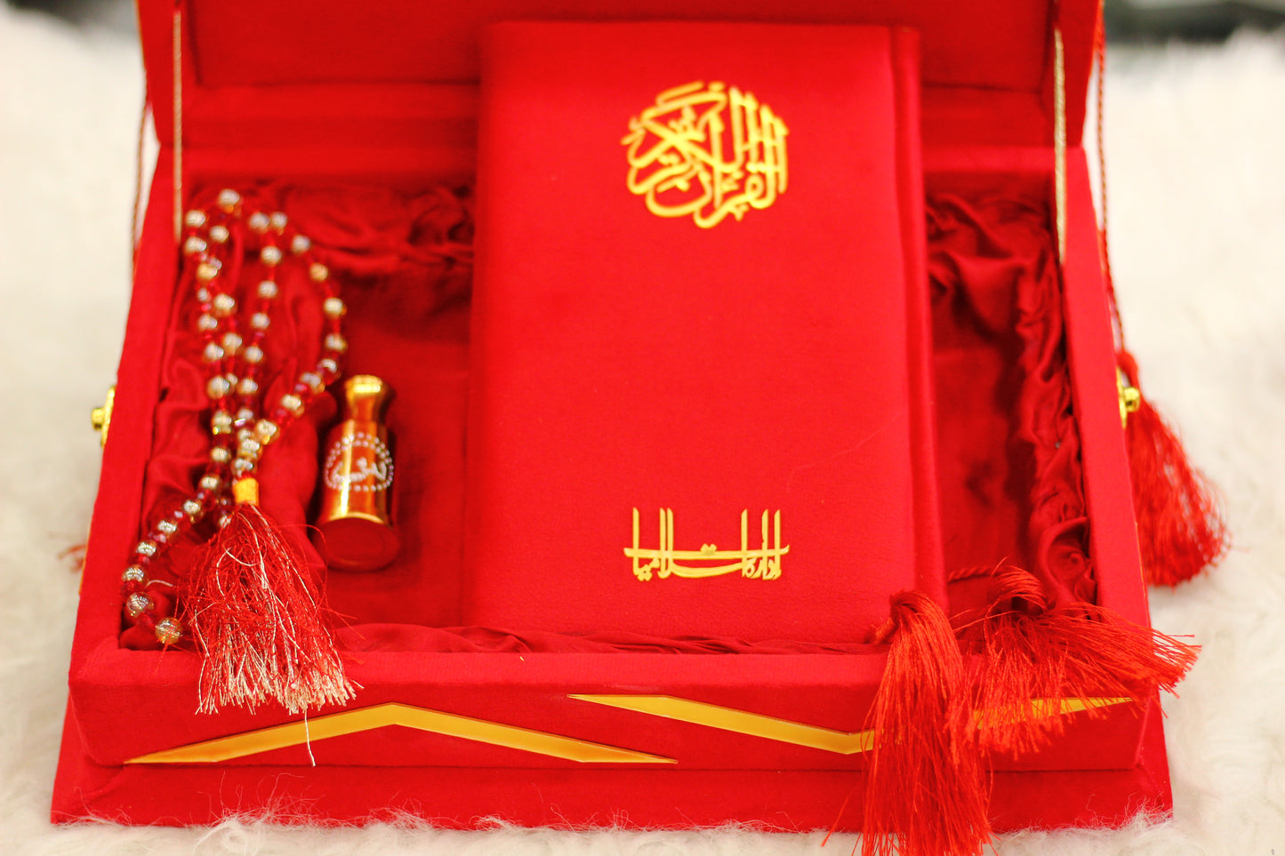 Red Quran with Tasbeeh, Attar, and Box - Luxury Edition