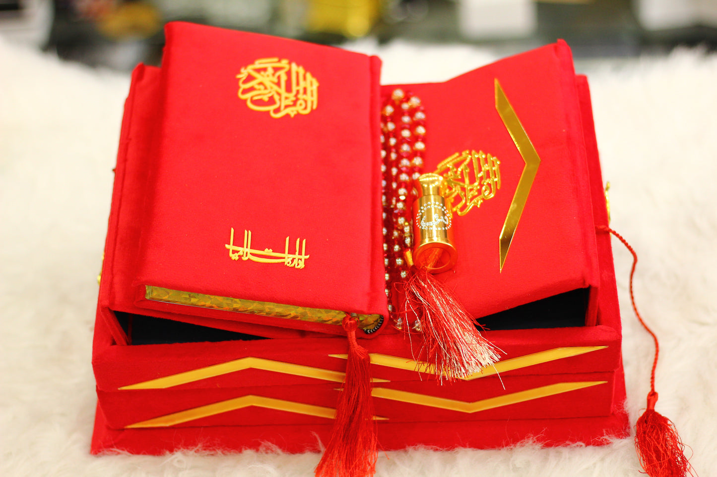 Red Quran with Tasbeeh, Attar, and Box - Luxury Edition