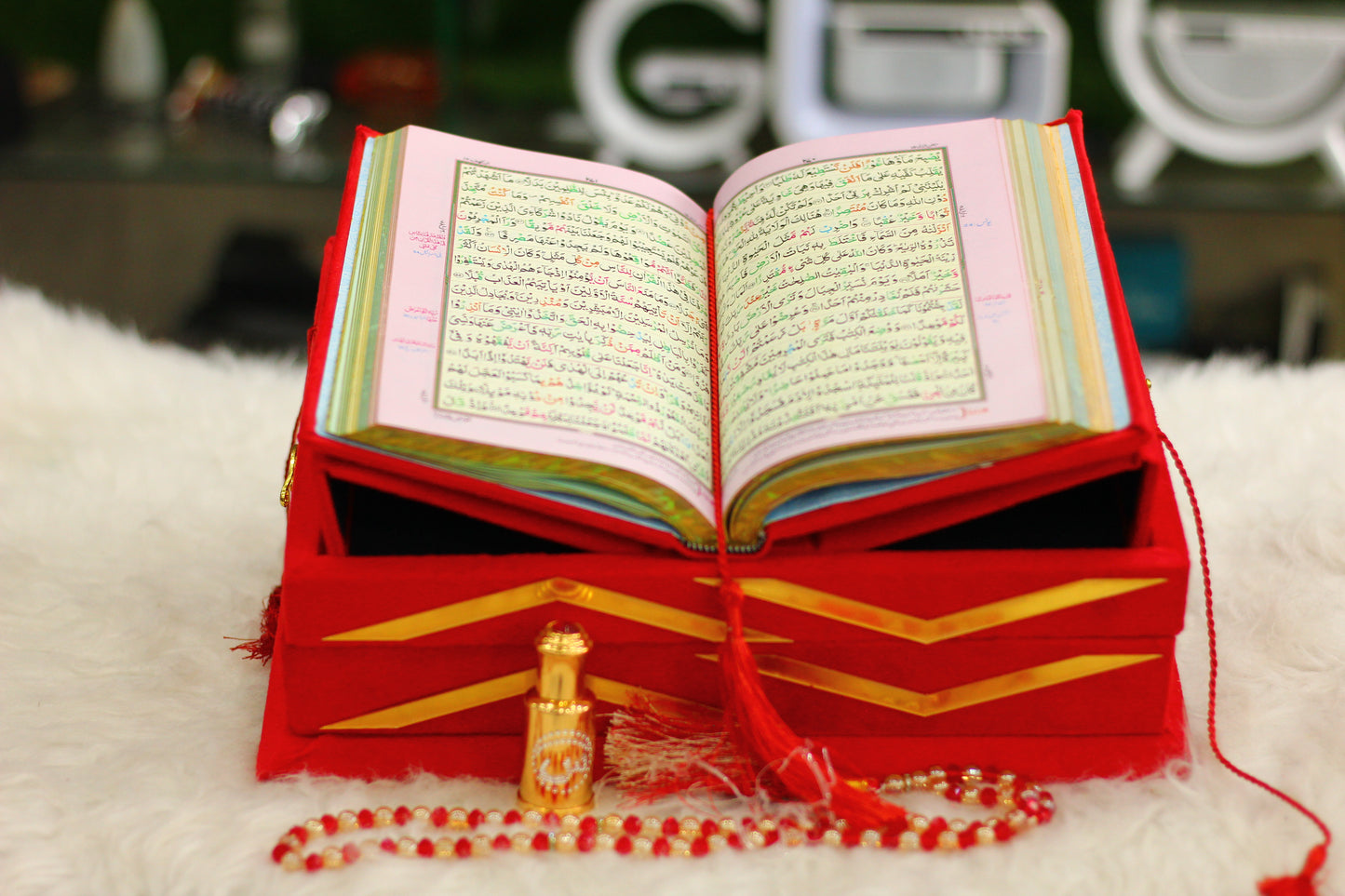 Red Quran with Tasbeeh, Attar, and Box - Luxury Edition