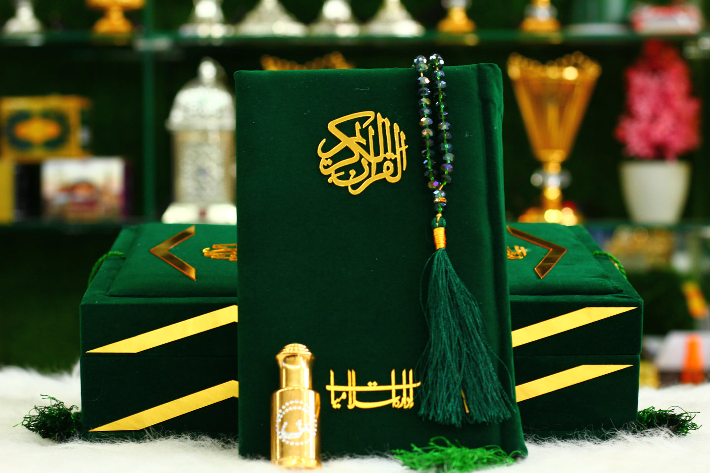 Green Quran with Tasbeeh, Attar, and Box - Luxury Edition