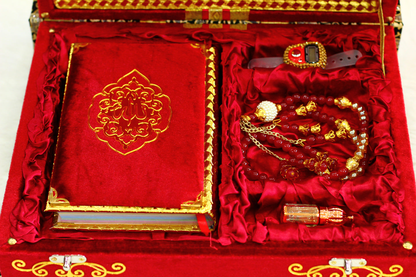 Red Bridal Box Quran Pak With Tasbih ,Attar And Counter - A Comprehensive Package for Your Spiritual Journey