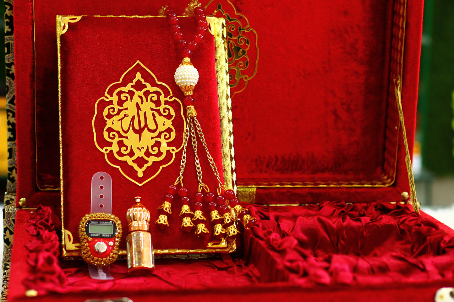 Red Bridal Box Quran Pak With Tasbih ,Attar And Counter - A Comprehensive Package for Your Spiritual Journey