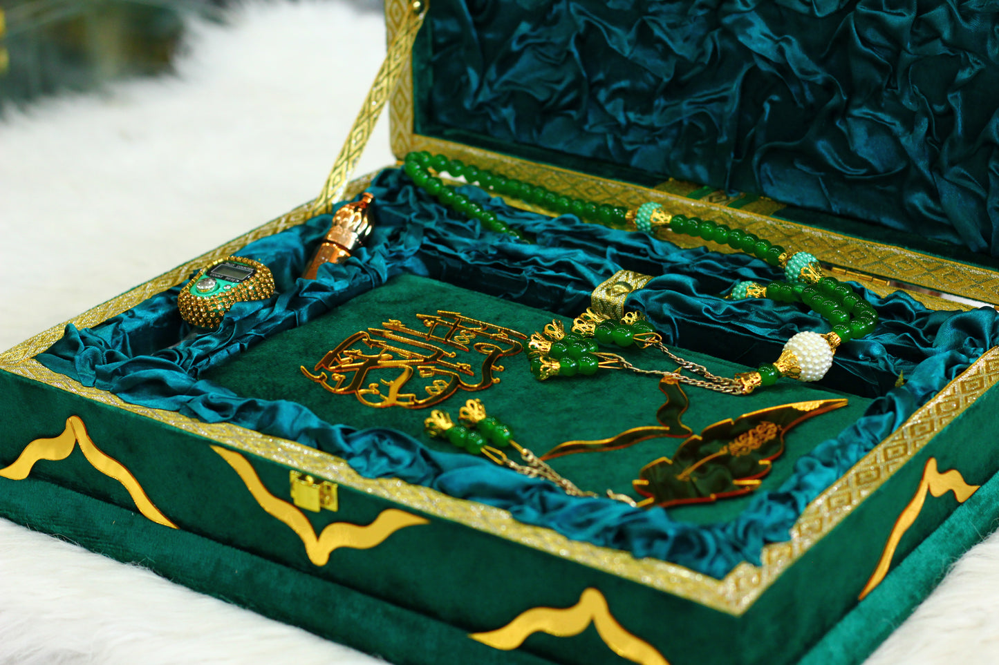 Green Quran Pak with Box, Counter, and Tasbih - A Sacred Package for Your Spiritual Growth