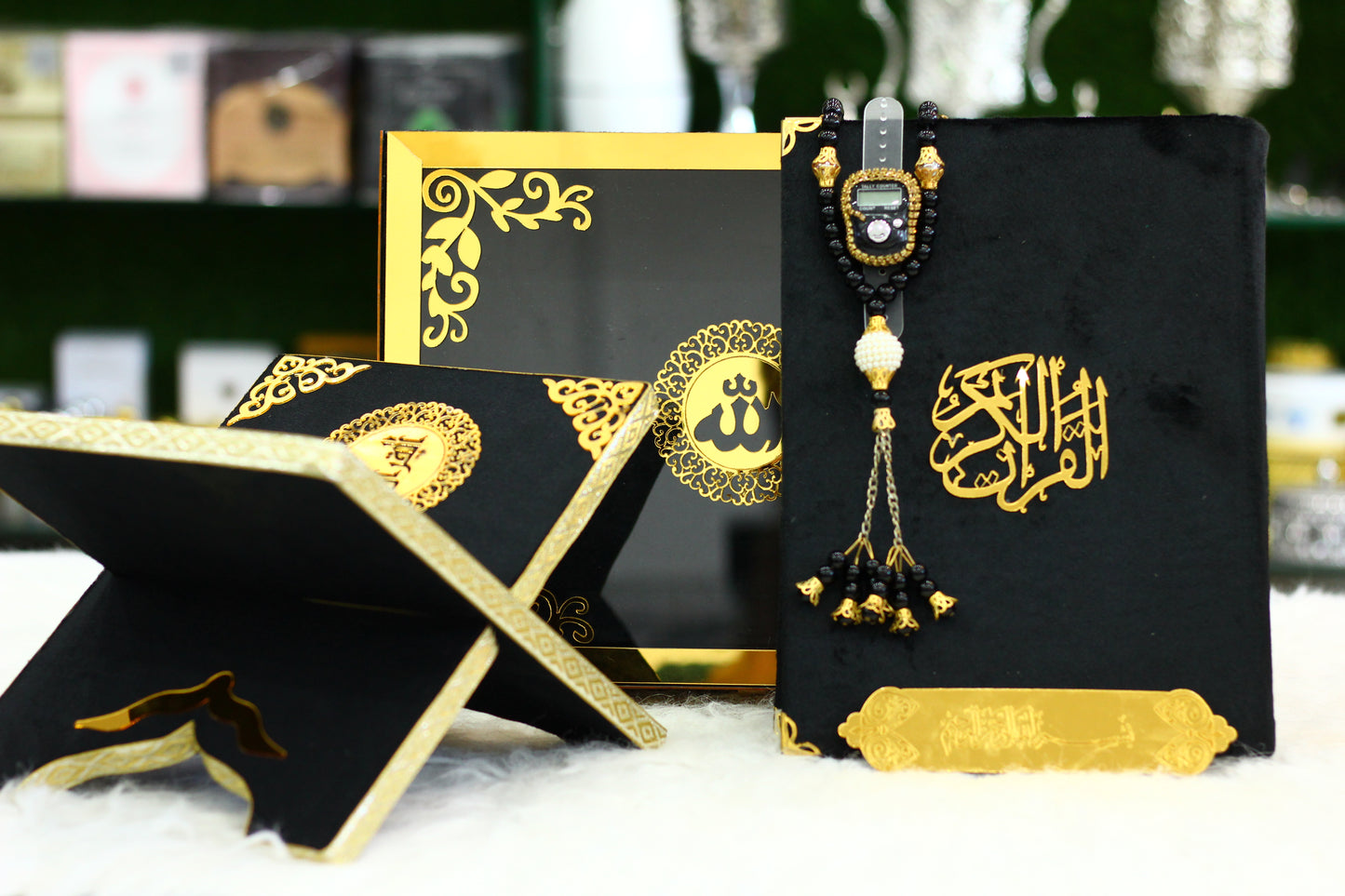 Black Acrylic Box Quran Pak with Rehal, Tasbih, and Counter