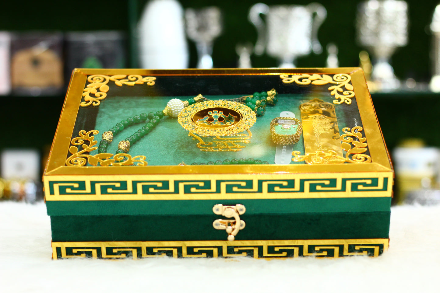 Green Acrylic Box Quran Pak with Rehal, Tasbih, and Counter