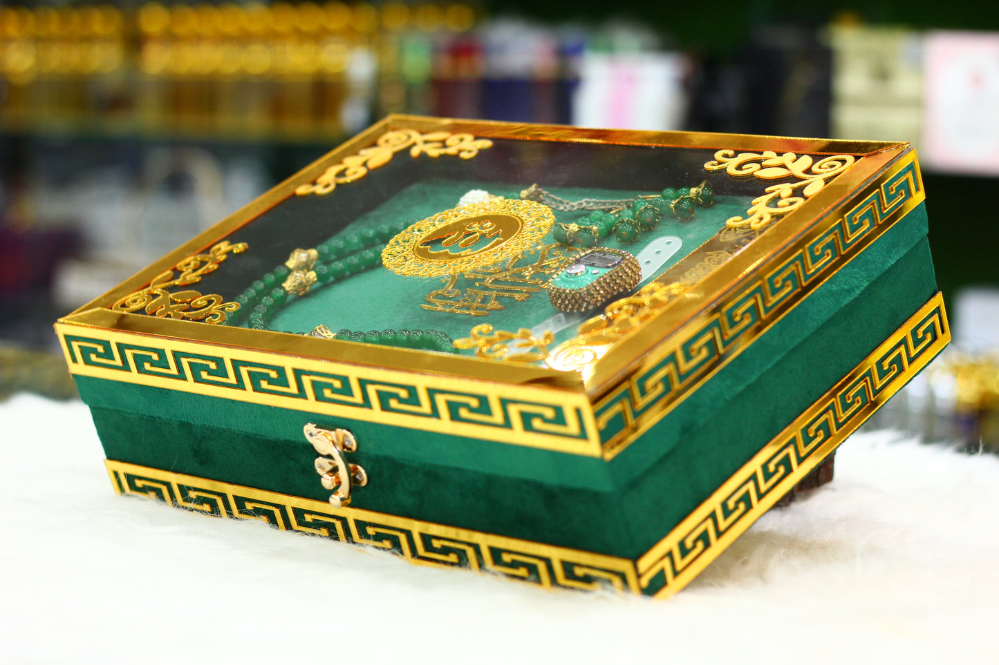 Green Acrylic Box Quran Pak with Rehal, Tasbih, and Counter