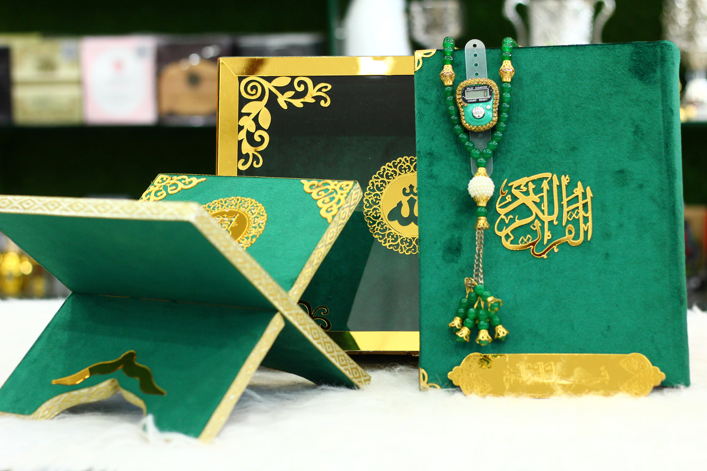 Green Acrylic Box Quran Pak with Rehal, Tasbih, and Counter